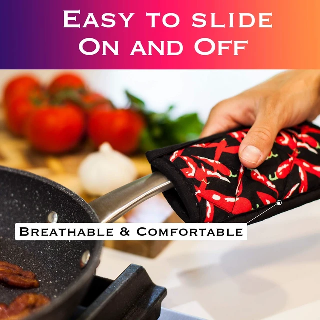 Alt view image 8 of 10 - Cast Iron Skillet Pan Pot Holder Covers Mitts Black Non-Slip Washable Sleeves for BBQ Baking Kitchen Cotton Commercial Grade (Chili, 10)