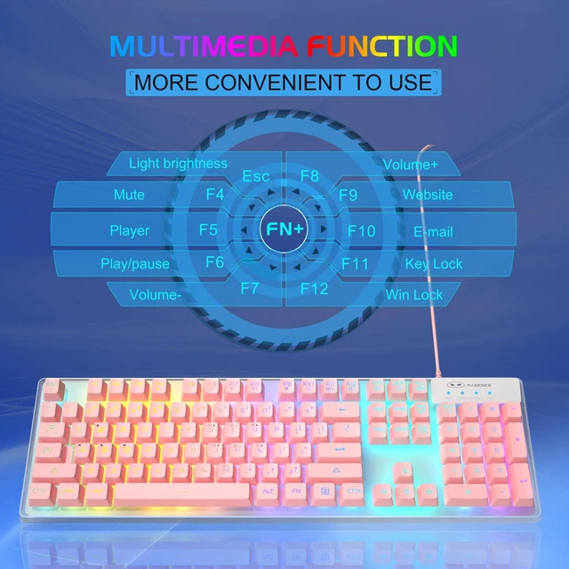 Alt view image 11 of 14 - Gaming Keyboard and Mouse Combo, K1 RGB LED Backlit Keyboard with 104 Keys Computer PC Gaming Keyboard for PC/Laptop (Pink)