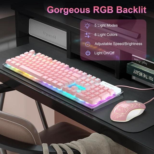 Alt view image 10 of 14 - Gaming Keyboard and Mouse Combo, K1 RGB LED Backlit Keyboard with 104 Keys Computer PC Gaming Keyboard for PC/Laptop (Pink)