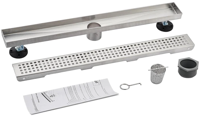 Alt view image 9 of 14 - Linear Shower Floor Drain, Brushed Nickel 12 Inch 304 Stainless Steel Bathroom Drains Kit, Long Rectangular Shower Trench Drain with Square Pattern Drain Cover & Hair Catcher