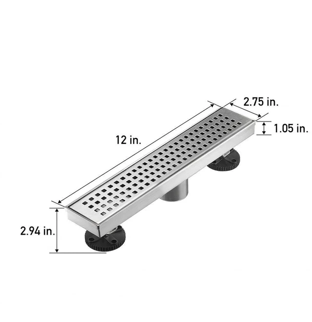 Alt view image 12 of 14 - Linear Shower Floor Drain, Brushed Nickel 12 Inch 304 Stainless Steel Bathroom Drains Kit, Long Rectangular Shower Trench Drain with Square Pattern Drain Cover & Hair Catcher