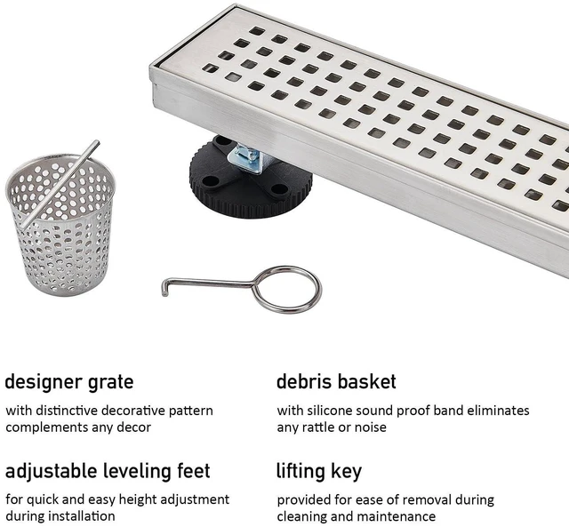 Alt view image 10 of 14 - Linear Shower Floor Drain, Brushed Nickel 12 Inch 304 Stainless Steel Bathroom Drains Kit, Long Rectangular Shower Trench Drain with Square Pattern Drain Cover & Hair Catcher