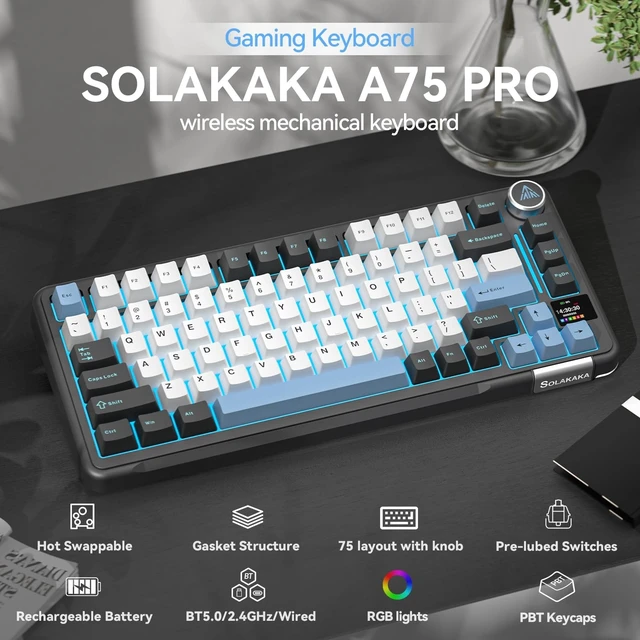 Alt view image 9 of 14 - Black Gaming Keyboard 75% Wireless Mechanical with Screen and Knob, RGB Backlit Hot Swappable Gasket Pre-lubed PBT Keycaps for PC/Mac/Win