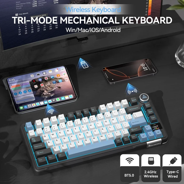 Alt view image 10 of 14 - Black Gaming Keyboard 75% Wireless Mechanical with Screen and Knob, RGB Backlit Hot Swappable Gasket Pre-lubed PBT Keycaps for PC/Mac/Win