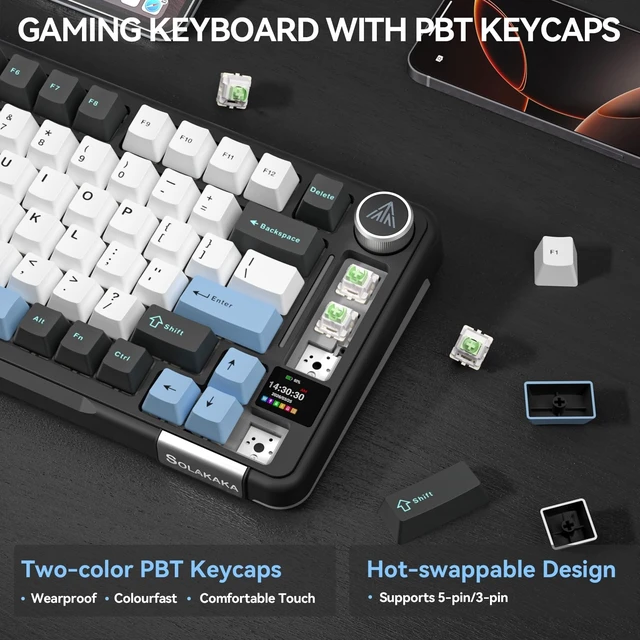 Alt view image 11 of 14 - Black Gaming Keyboard 75% Wireless Mechanical with Screen and Knob, RGB Backlit Hot Swappable Gasket Pre-lubed PBT Keycaps for PC/Mac/Win
