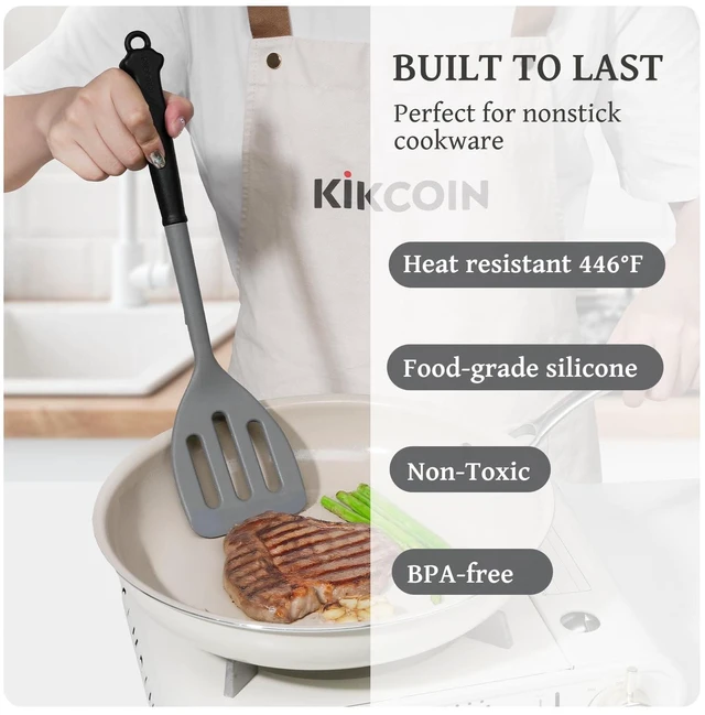 Alt view image 12 of 14 - Silicone Kitchen Utensils Set, Dishwasher Safe Kitchen Cooking Utensils Set, 446°F Spatulas Silicone Heat Resistant, Non Toxic Silicone Utensils Set With Two-Tone Grip Handles, Gray