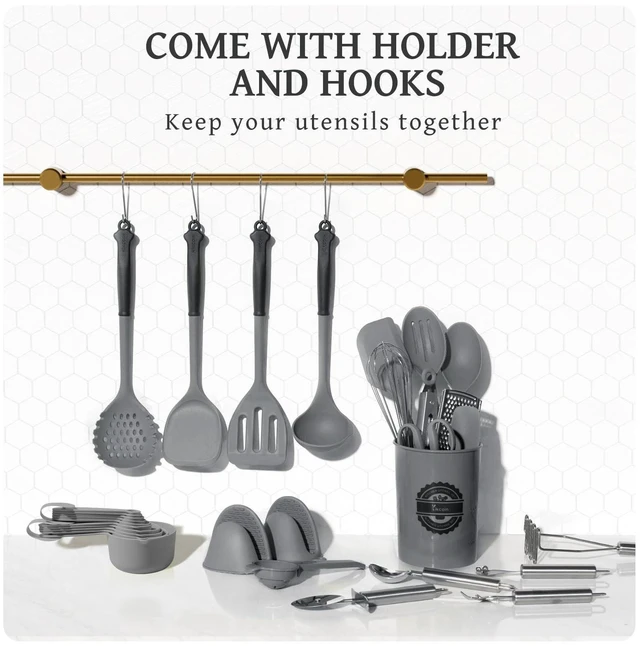 Alt view image 14 of 14 - Silicone Kitchen Utensils Set, Dishwasher Safe Kitchen Cooking Utensils Set, 446°F Spatulas Silicone Heat Resistant, Non Toxic Silicone Utensils Set With Two-Tone Grip Handles, Gray