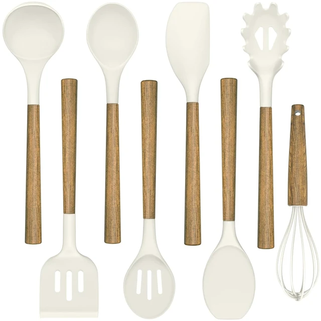 Alt view image 8 of 14 - Non-Stick Silicone Kitchen Utensils Set with Natural Acacia Hard Wood Handle, Umite Chef 8 Pieces Kitchen Spatulas set, White, BPA Free, Baking, Serving and Cooking Utensils