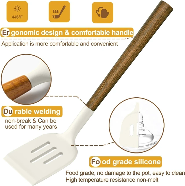 Alt view image 13 of 14 - Non-Stick Silicone Kitchen Utensils Set with Natural Acacia Hard Wood Handle, Umite Chef 8 Pieces Kitchen Spatulas set, White, BPA Free, Baking, Serving and Cooking Utensils
