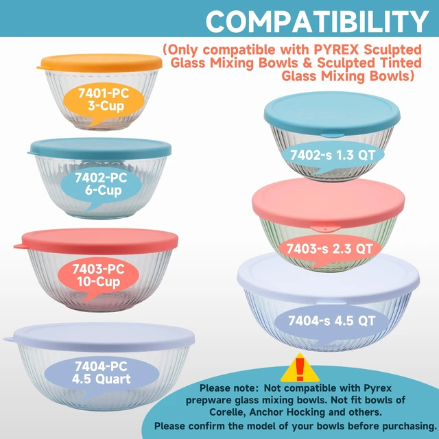 Alt view image 9 of 14 - Silicone Lids for Pyrex Sculpted Glass Mixing Bowls - Assorted Sizes Fit with 7401-S 3-cup, 7402-S 6-cup, 7403-S 10-cup, & 7404-S 4.5-Quart, Dishwasher & Microwave Safe (Lids Only)