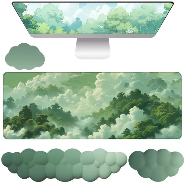 Alt view image 8 of 14 - Green Cloud Mouse Pad and Keyboard Wrist Rest 4PCS Extended Forest Mountain Aesthetic Large Desk Mat Pad Set Memory Foam Non-Slip Cute Ergonomic Gaming Mouse Pad Wrist Support for Computer Home Office