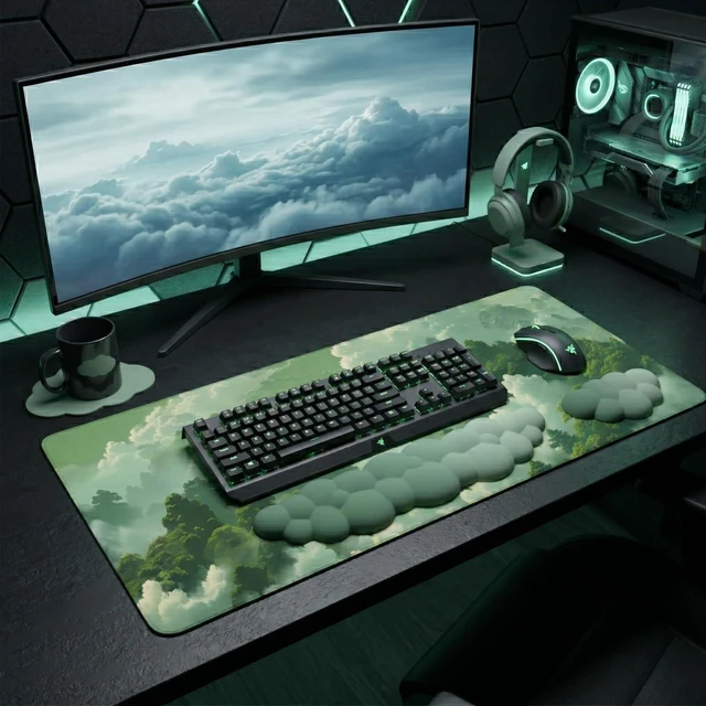 Alt view image 14 of 14 - Green Cloud Mouse Pad and Keyboard Wrist Rest 4PCS Extended Forest Mountain Aesthetic Large Desk Mat Pad Set Memory Foam Non-Slip Cute Ergonomic Gaming Mouse Pad Wrist Support for Computer Home Office