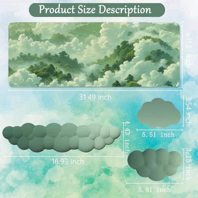 Alt view image 13 of 14 - Green Cloud Mouse Pad and Keyboard Wrist Rest 4PCS Extended Forest Mountain Aesthetic Large Desk Mat Pad Set Memory Foam Non-Slip Cute Ergonomic Gaming Mouse Pad Wrist Support for Computer Home Office