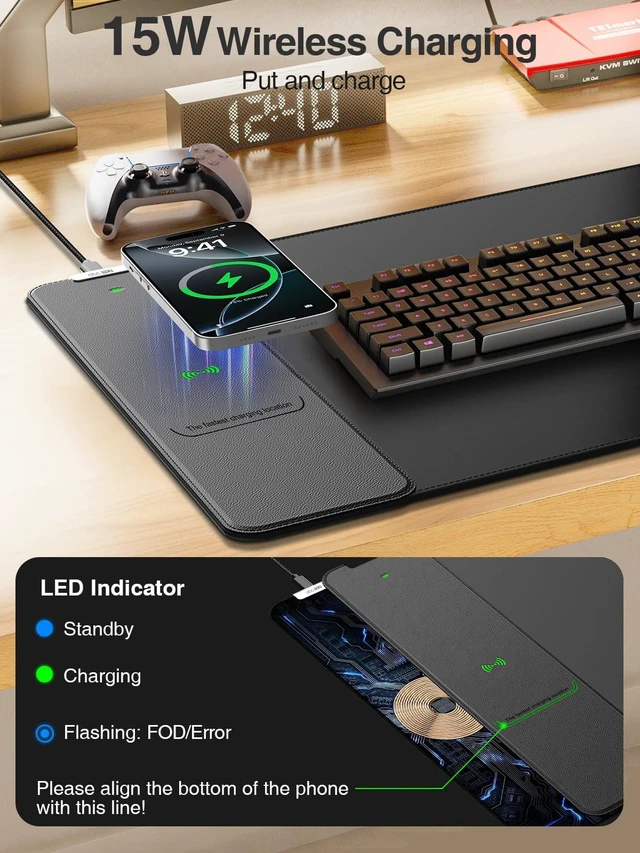 Alt view image 9 of 14 - Wireless Charging Mouse Pad, 31.5"x15.8" Large Desk Mat, Smooth Glide