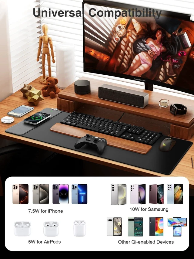 Alt view image 10 of 14 - Wireless Charging Mouse Pad, 31.5"x15.8" Large Desk Mat, Smooth Glide