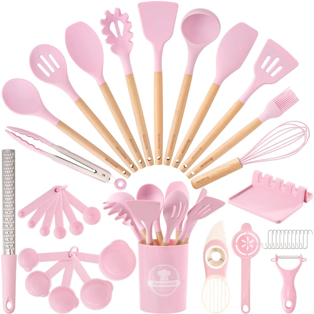 Alt view image 8 of 14 - Kitchen Utensils set, 39 PCS Silicone Cooking Utensils Set with Wooden Handle, 446°F Heat Resistant Food Grade Utensil Sets, BPA Free Kitchen Gadgets Tools Set for Nonstick Cookware (Pink)