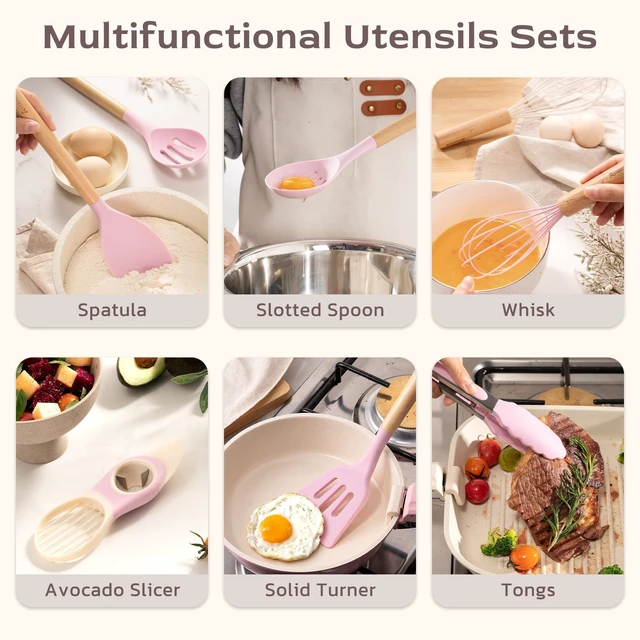 Alt view image 12 of 14 - Kitchen Utensils set, 39 PCS Silicone Cooking Utensils Set with Wooden Handle, 446°F Heat Resistant Food Grade Utensil Sets, BPA Free Kitchen Gadgets Tools Set for Nonstick Cookware (Pink)