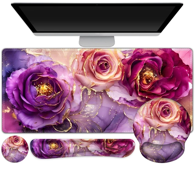 Alt view image 8 of 14 - Gaming Mouse Pad Large Desk Mat, Cute Purple Marble Rose Desk Pad Protector