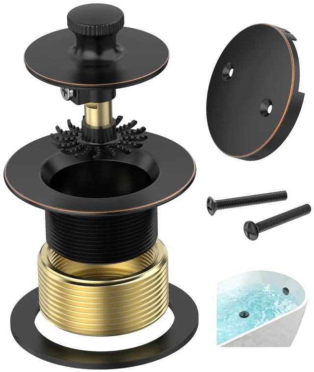 Alt view image 8 of 14 - Oil Rubbed Bronze Bathtub Drain, Hair Catcher and 2-Hole Overflow Faceplate, 11.5/16 UNC, Lift and Turn Bathtub Drain Replacement, Tub Drain Stopper