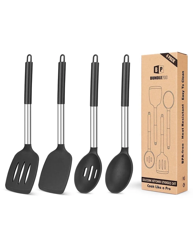 Alt view image 8 of 14 - Silicone Cooking Utensils Set, Non Stick Large Solid Spatulas, Heat Resistant Black Slotted Spoons, Ideal BPA Free Kitchen Turners for Frying, Mixing,Serving,Draining,Turning,Stirring