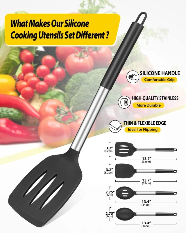 Alt view image 9 of 14 - Silicone Cooking Utensils Set, Non Stick Large Solid Spatulas, Heat Resistant Black Slotted Spoons, Ideal BPA Free Kitchen Turners for Frying, Mixing,Serving,Draining,Turning,Stirring
