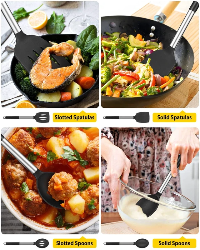 Alt view image 10 of 14 - Silicone Cooking Utensils Set, Non Stick Large Solid Spatulas, Heat Resistant Black Slotted Spoons, Ideal BPA Free Kitchen Turners for Frying, Mixing,Serving,Draining,Turning,Stirring