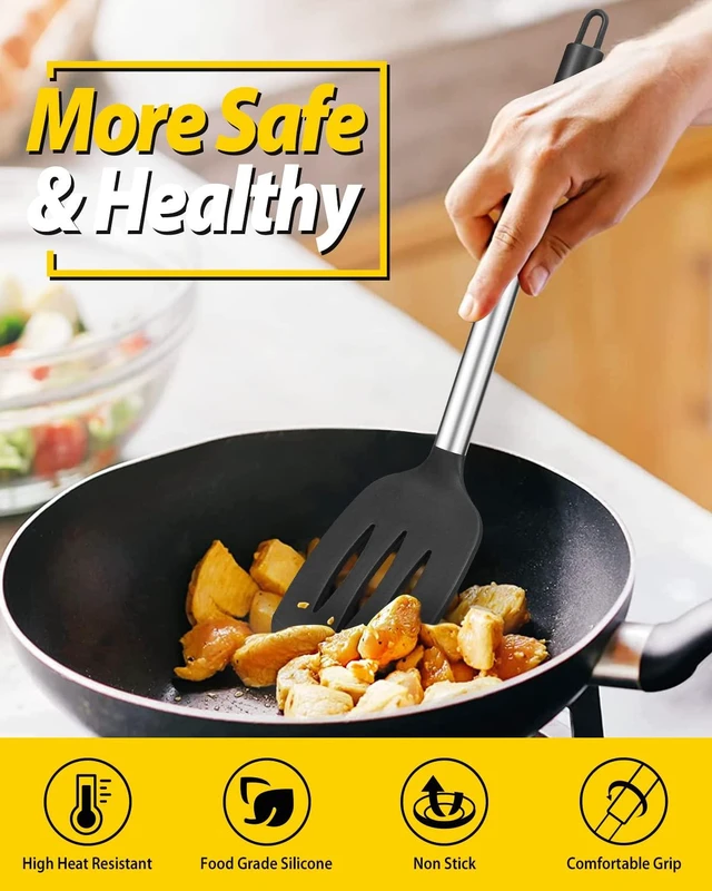 Alt view image 11 of 14 - Silicone Cooking Utensils Set, Non Stick Large Solid Spatulas, Heat Resistant Black Slotted Spoons, Ideal BPA Free Kitchen Turners for Frying, Mixing,Serving,Draining,Turning,Stirring