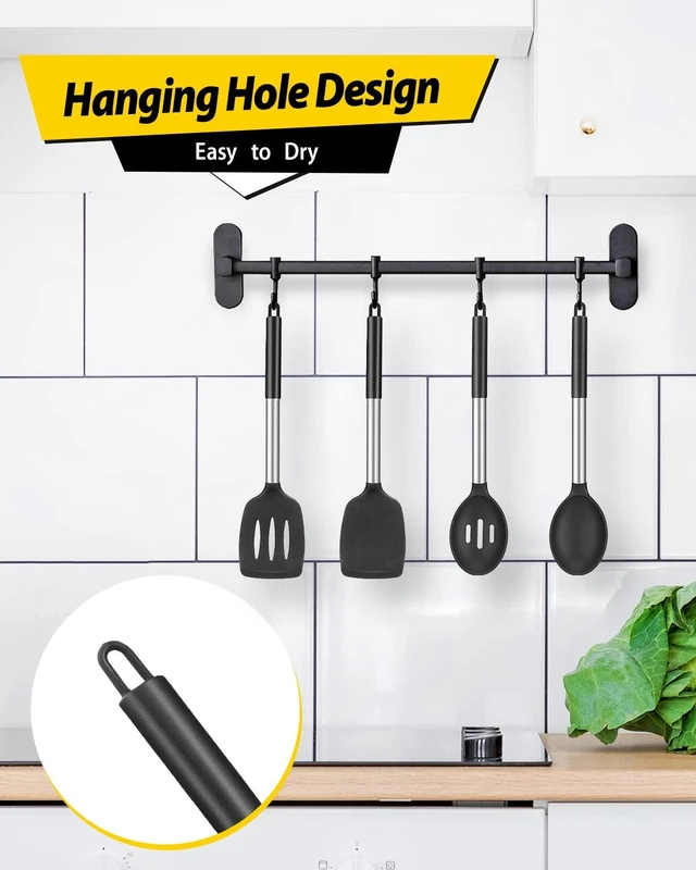 Alt view image 13 of 14 - Silicone Cooking Utensils Set, Non Stick Large Solid Spatulas, Heat Resistant Black Slotted Spoons, Ideal BPA Free Kitchen Turners for Frying, Mixing,Serving,Draining,Turning,Stirring