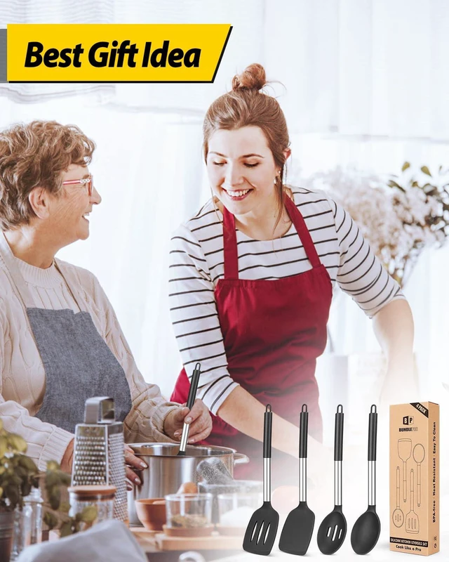 Alt view image 14 of 14 - Silicone Cooking Utensils Set, Non Stick Large Solid Spatulas, Heat Resistant Black Slotted Spoons, Ideal BPA Free Kitchen Turners for Frying, Mixing,Serving,Draining,Turning,Stirring