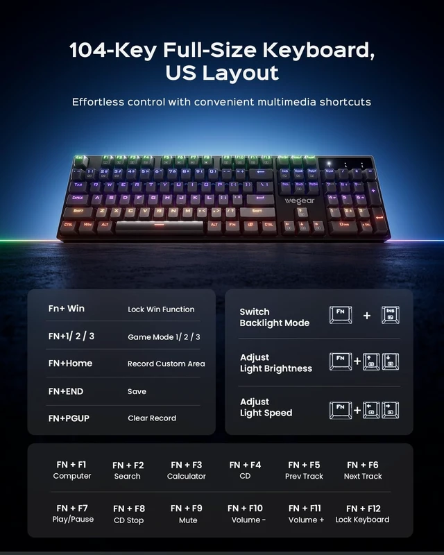 Alt view image 13 of 14 - Wired Mechanical Gaming Keyboard with Clicky Switch,104-Key, Black