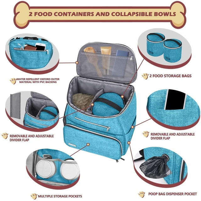 Alt view image 9 of 14 - Dog Travel Bag Backpack, Airline Approved Pet Supplies Backpack, Dog Travel Backpack with 2 Silicone Collapsible Bowls and 2 Food Baskets Sky Blue