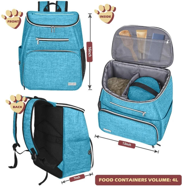 Alt view image 10 of 14 - Dog Travel Bag Backpack, Airline Approved Pet Supplies Backpack, Dog Travel Backpack with 2 Silicone Collapsible Bowls and 2 Food Baskets Sky Blue