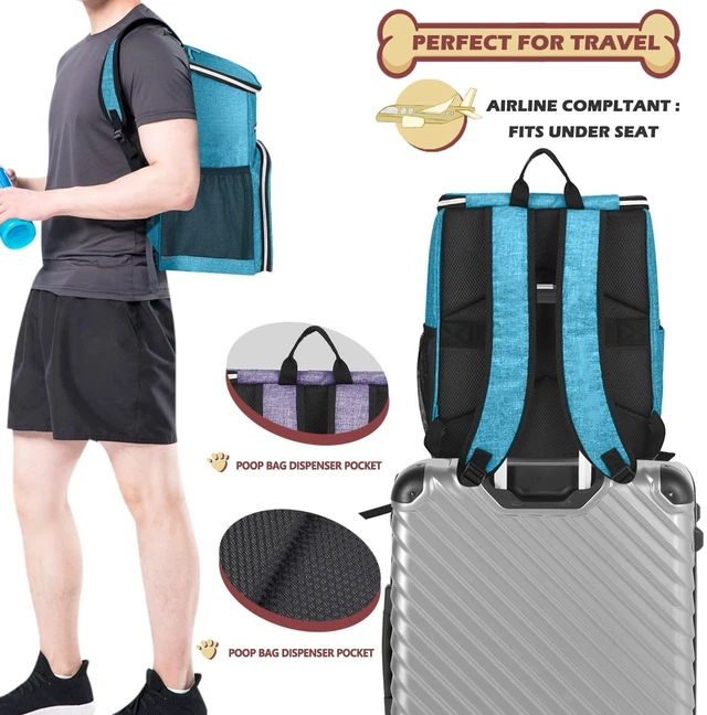 Alt view image 12 of 14 - Dog Travel Bag Backpack, Airline Approved Pet Supplies Backpack, Dog Travel Backpack with 2 Silicone Collapsible Bowls and 2 Food Baskets Sky Blue