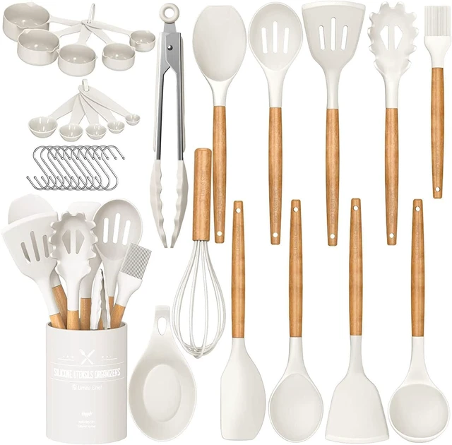 Alt view image 8 of 14 - Kitchen Cooking Utensils Set, 33 pcs Non-stick Silicone Cooking Kitchen Utensils Spatula Set with Holder, Wooden Handle Silicone Kitchen Gadgets Utensil Set (Cream White)