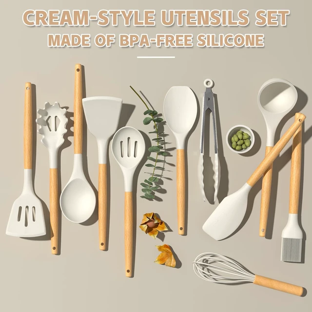 Alt view image 11 of 14 - Kitchen Cooking Utensils Set, 33 pcs Non-stick Silicone Cooking Kitchen Utensils Spatula Set with Holder, Wooden Handle Silicone Kitchen Gadgets Utensil Set (Cream White)