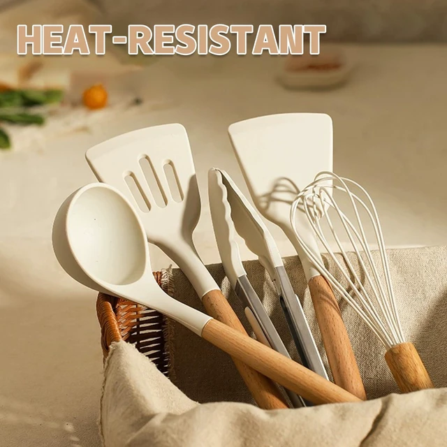 Alt view image 12 of 14 - Kitchen Cooking Utensils Set, 33 pcs Non-stick Silicone Cooking Kitchen Utensils Spatula Set with Holder, Wooden Handle Silicone Kitchen Gadgets Utensil Set (Cream White)