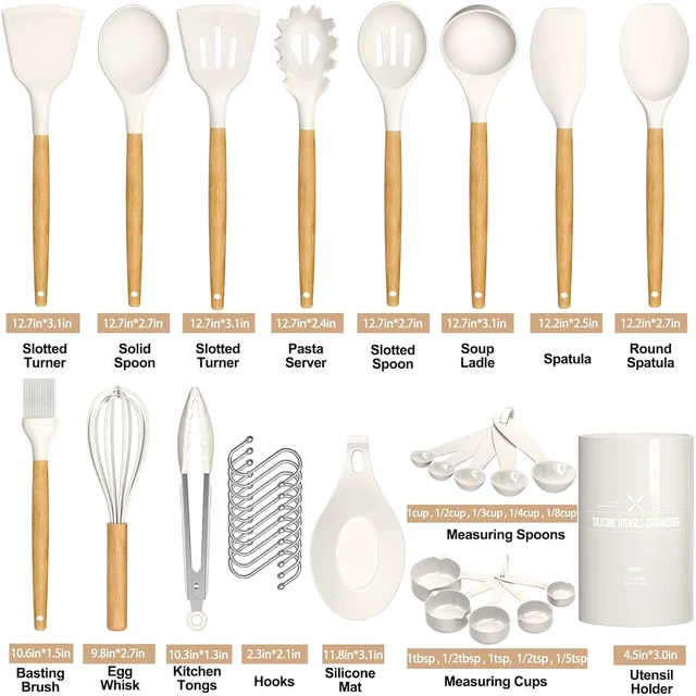 Alt view image 9 of 14 - Kitchen Cooking Utensils Set, 33 pcs Non-stick Silicone Cooking Kitchen Utensils Spatula Set with Holder, Wooden Handle Silicone Kitchen Gadgets Utensil Set (Cream White)