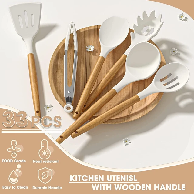 Alt view image 14 of 14 - Kitchen Cooking Utensils Set, 33 pcs Non-stick Silicone Cooking Kitchen Utensils Spatula Set with Holder, Wooden Handle Silicone Kitchen Gadgets Utensil Set (Cream White)