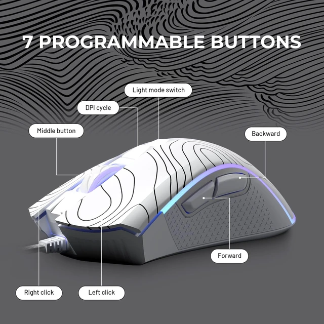 Alt view image 12 of 12 - Wired Gaming Mouse, 12000 DPI RGB Gaming Mouse with 12 Backlit Modes & 7 Macro Buttons, PC Gaming Mice Support DIY Keybinding, Mouse Gamer Computer Mouse for Laptop PC Mac Windows,Topographic