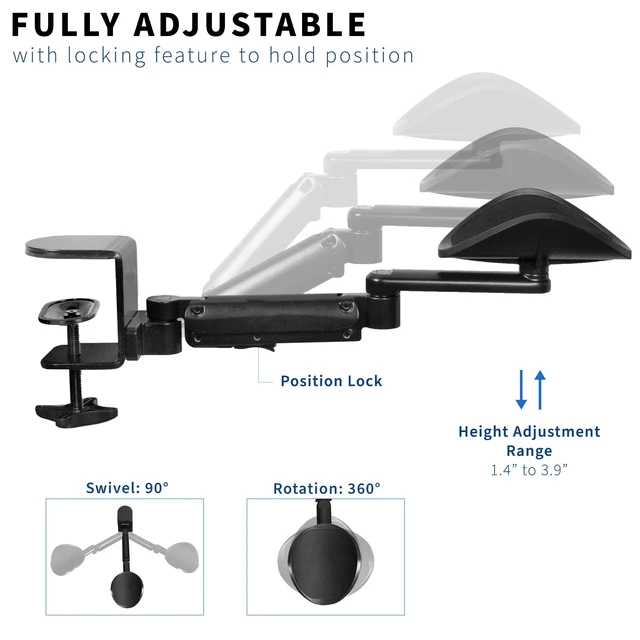 Alt view image 10 of 14 - Clamp-on Adjustable Armrests, Universal Desk Cradle 360° Rotating Elbow Platform, Arm Support Steel Base Table Extension, Black, MOUNT-ARM02P