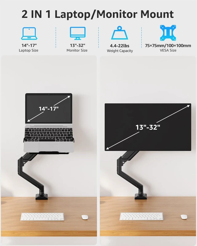 Alt view image 9 of 14 - Laptop Stand for Desk, 2-in-1 Monitor Mount with Laptop Tray Holds 2.2-22lbs, Adjustable Laptops Arm Mount for Max 17" Notebook & 32" Monitor, Laptops Desk Arm with Clamp/Grommet