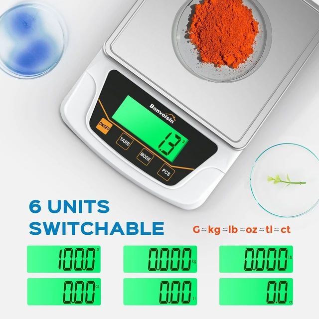 Alt view image 10 of 14 - Digital Gram Scale 6000g x 0.1g Lab Scale with 6 Units | Precision Balance with Tare, Counting, Dual Power (Adapter + AA Batteries), Adjustable Auto-Off for Lab, Jewelry, Parts