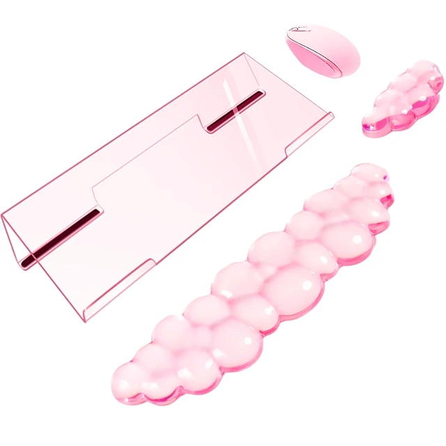 Alt view image 8 of 14 - Acrylic Computer Keyboard Stand with Gel Cloud Wrist Rest Keyboard Riser with Comfortable Clear Silicone Mouse Wrist Pad Ergonomic Tilted Transparent Keyboard Holder for Desktop Office Hot Pink