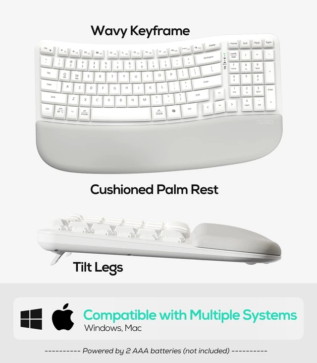 Alt view image 14 of 14 - Wave Keys Wireless Ergonomic Keyboard with Cushioned Palm Rest, 2.4GHz Ergo Cordless USB Computer Keyboard, Comfortable Natural Typing, for Laptop, Mac, Windows (White)