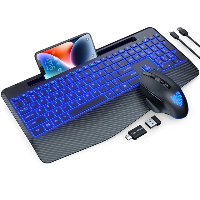 Alt view image 8 of 14 - Wireless Keyboard and Mouse Combo, Backlit Scissor Keys, Wrist Rest