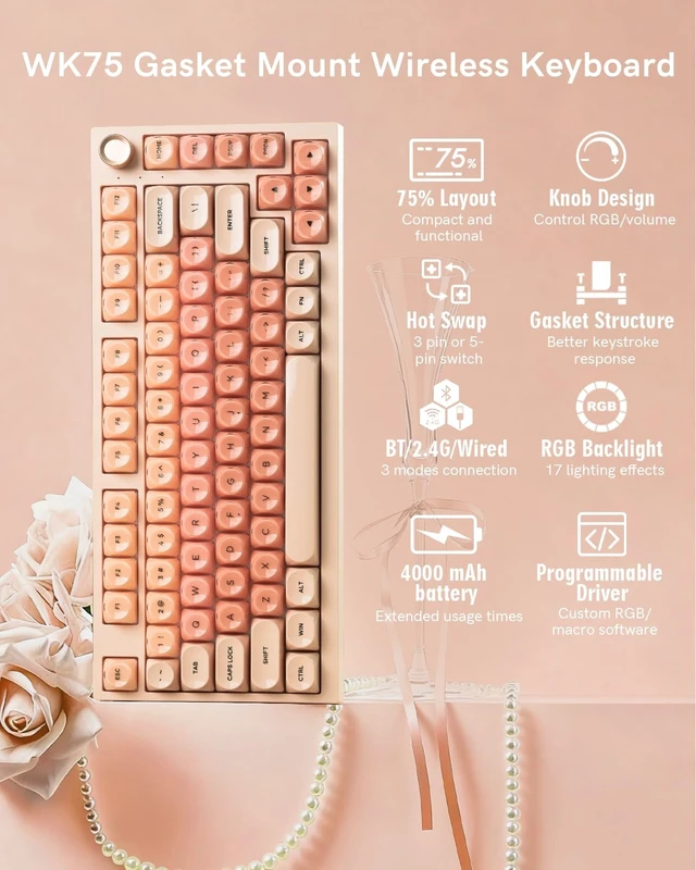 Alt view image 9 of 14 - Wireless Mechanical Keyboard with Knob, 75% Foundation Pink Creamy Keyboard, Hot Swappable, Pre-lubed Switches, Gasket Mount with MOA Profile Jelly Keycaps, RGB Backlit Gaming Keyboards