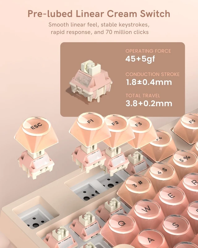 Alt view image 12 of 14 - Wireless Mechanical Keyboard with Knob, 75% Foundation Pink Creamy Keyboard, Hot Swappable, Pre-lubed Switches, Gasket Mount with MOA Profile Jelly Keycaps, RGB Backlit Gaming Keyboards