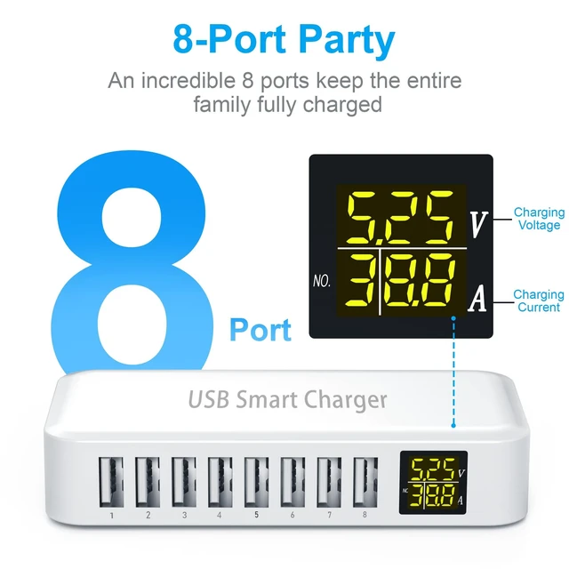 Alt view image 8 of 12 - USB Charging Station, 8-Port 60W/12A Charger Station, Multi Ports USB-A Charging Hub with LED Display, Compact Desktop Charger for Multiple Devices, iPhone iPad Samsung Android and Tablet