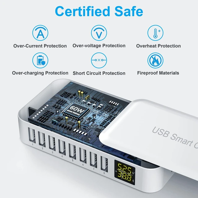 Alt view image 10 of 12 - USB Charging Station, 8-Port 60W/12A Charger Station, Multi Ports USB-A Charging Hub with LED Display, Compact Desktop Charger for Multiple Devices, iPhone iPad Samsung Android and Tablet