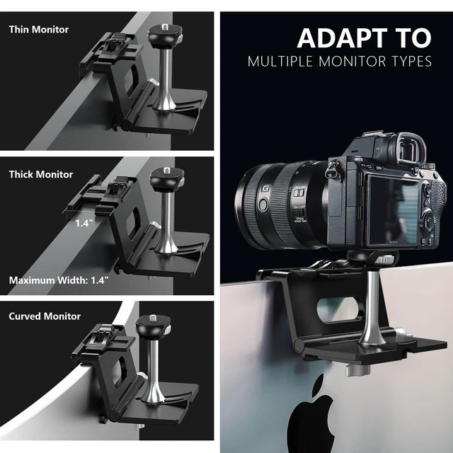Alt view image 9 of 12 - Upgraded Monitor Camera Mount Stand, Hanging Webcam Clamp with 1/4" Screw, MILC Monitor Top Support for Live Stream, etc. Compatible with Curved Monitors, Maximum Width up to 1.4" CM02